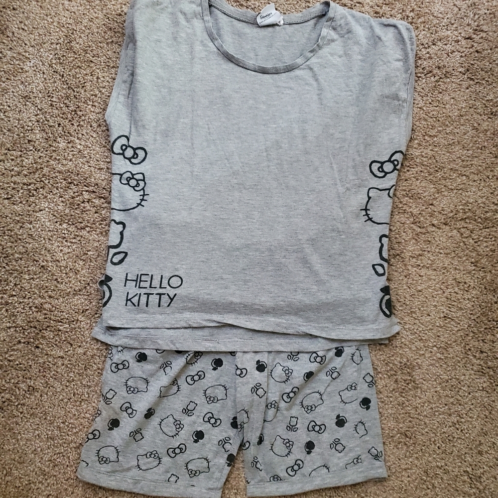 Hello Kitty Gray Black Short Sleeve Shorts Pajama‎ Set Small Girly Pop Y2K Bow